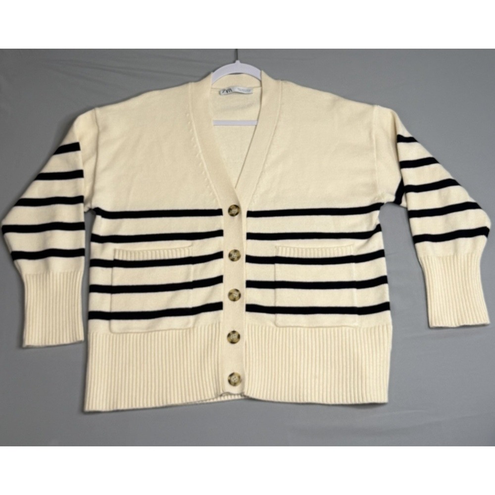 Zara Unisex Beige Striped V-Neck Button Cardigan Long Sleeve Size M Heavy Black